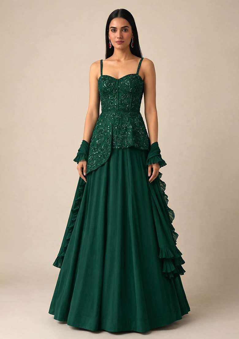 Bottle Green Handwork Crepe Fusion Set - Indya