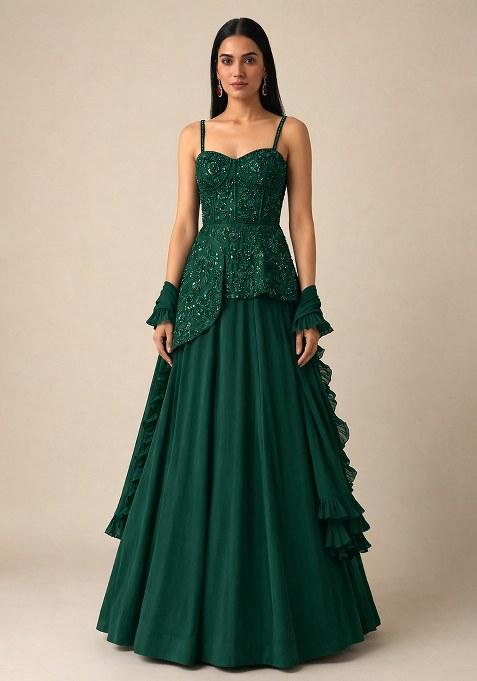 Bottle Green Handwork Crepe Fusion Set