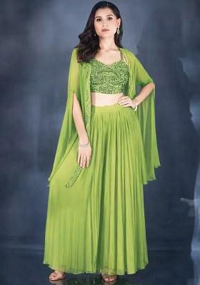 Lime Green Hand Work Chiffon Lehenga Set