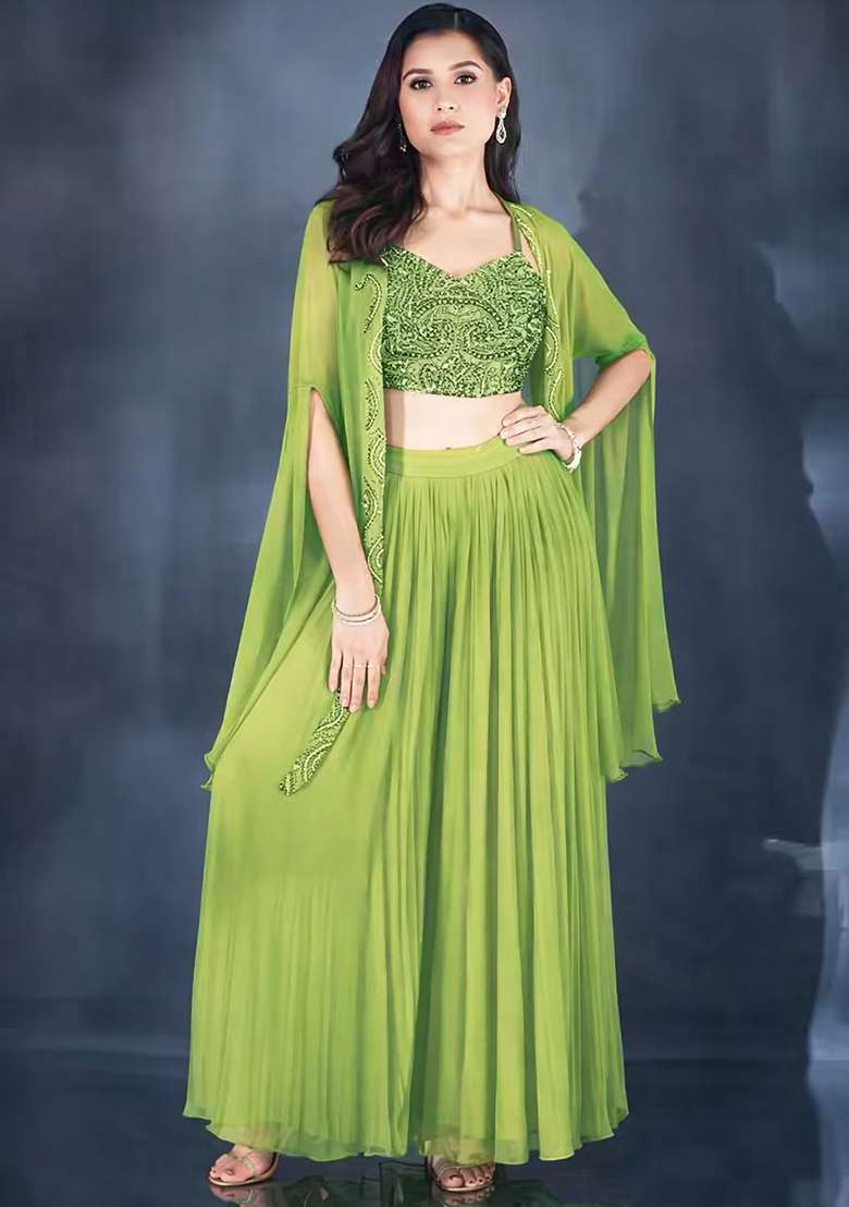 Lime Green Hand Work Chiffon Lehenga Set - Indya