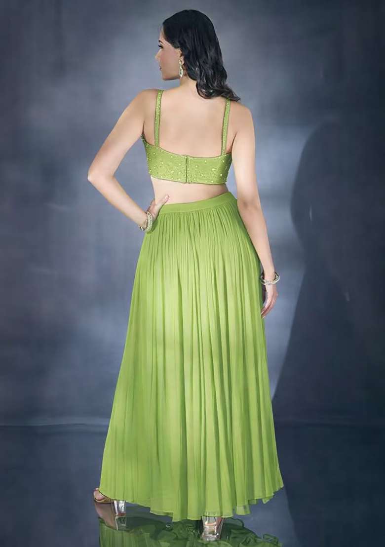 Lime Green Hand Work Chiffon Lehenga Set - Indya