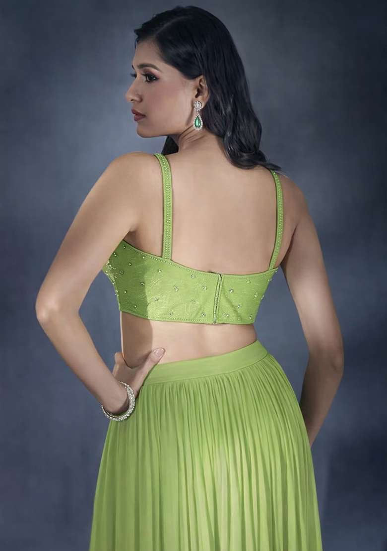 Lime Green Hand Work Chiffon Lehenga Set - Indya