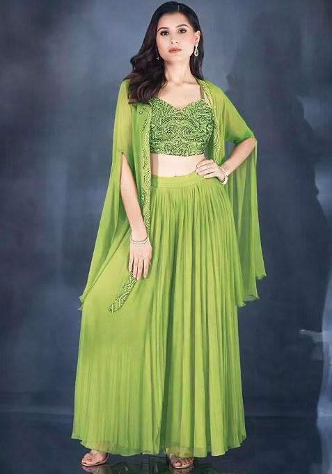 Lime Green Hand Work Chiffon Lehenga Set