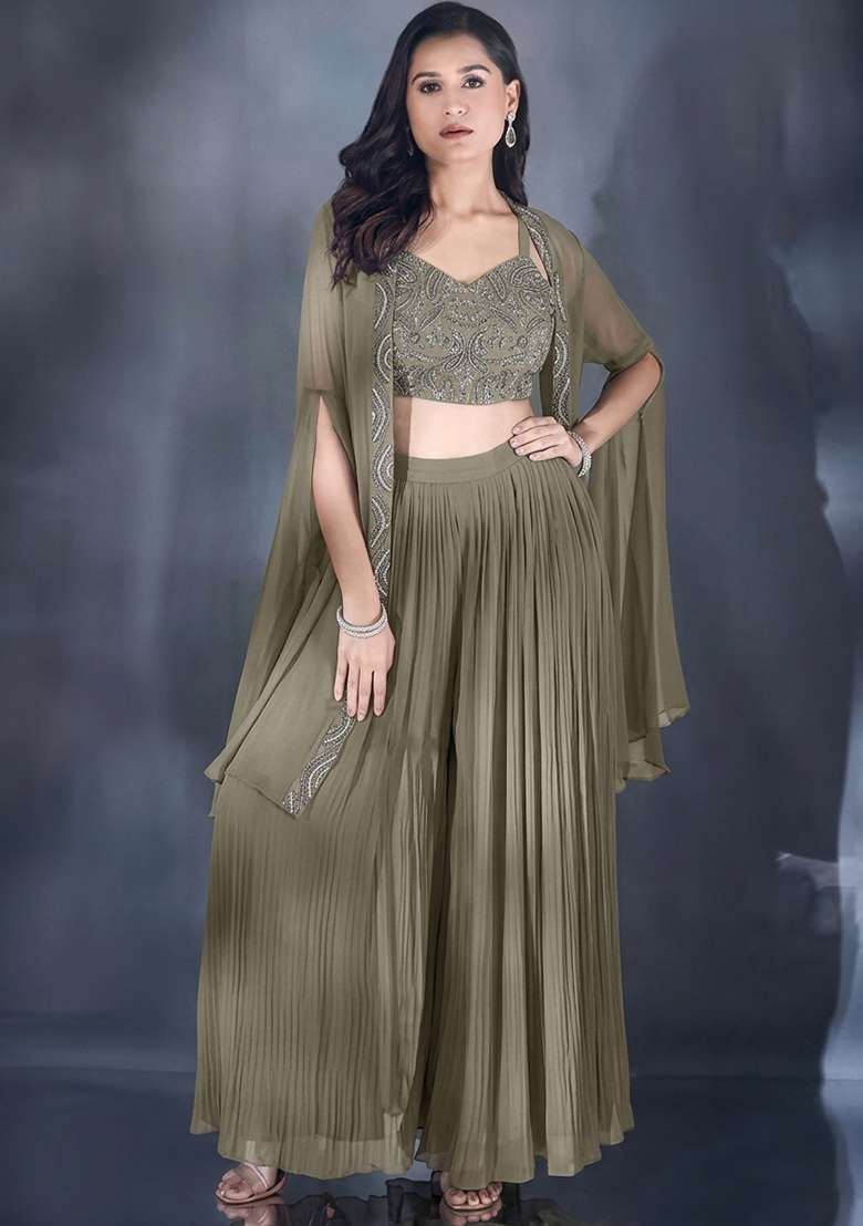 Silver Grey Hand Work Chiffon Lehenga Set - Indya