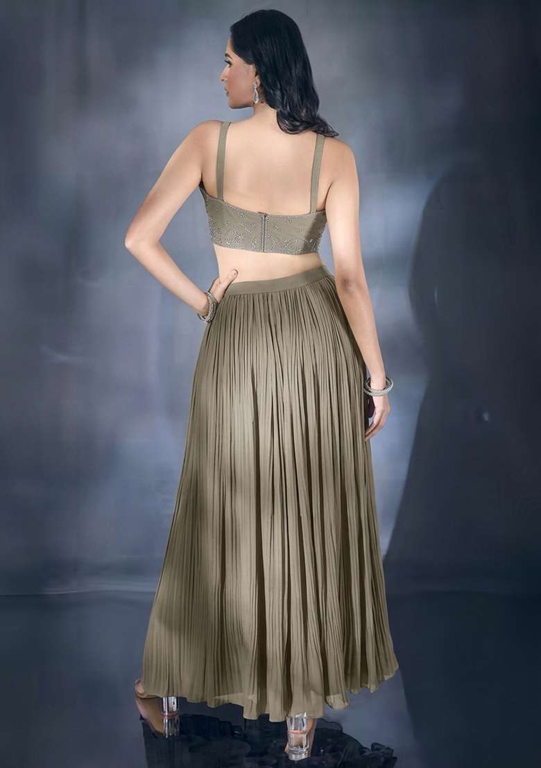 Silver Grey Hand Work Chiffon Lehenga Set - Indya