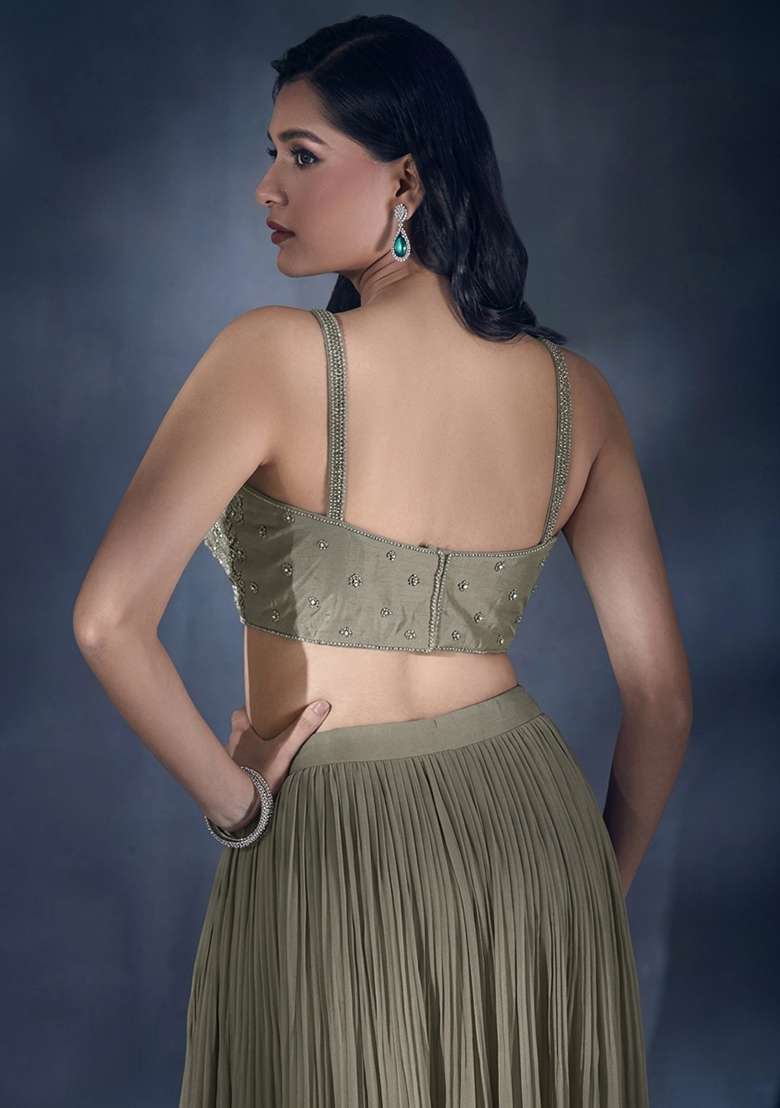 Silver Grey Hand Work Chiffon Lehenga Set - Indya