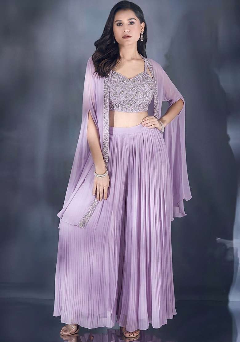 Lilac Hand Work Chiffon Lehenga Set - Indya