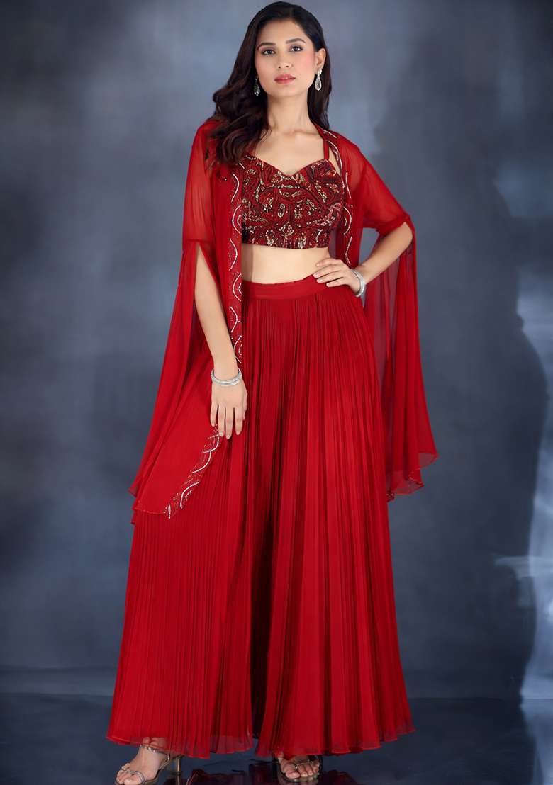 Red Hand Work Chiffon Lehenga Set - Indya