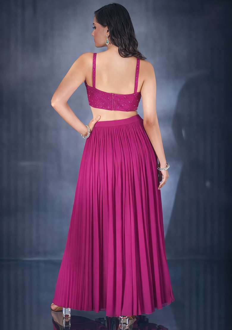 Hot Pink Hand Work Chiffon Lehenga Set - Indya