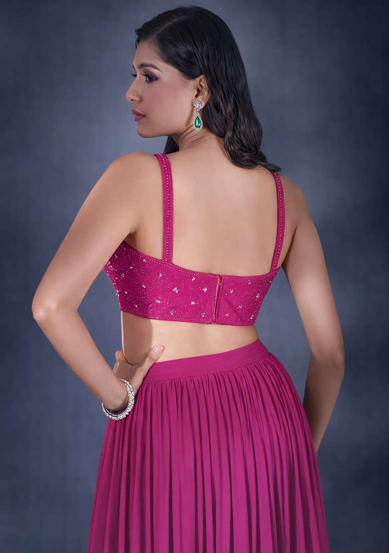 Hot Pink Hand Work Chiffon Lehenga Set - Indya