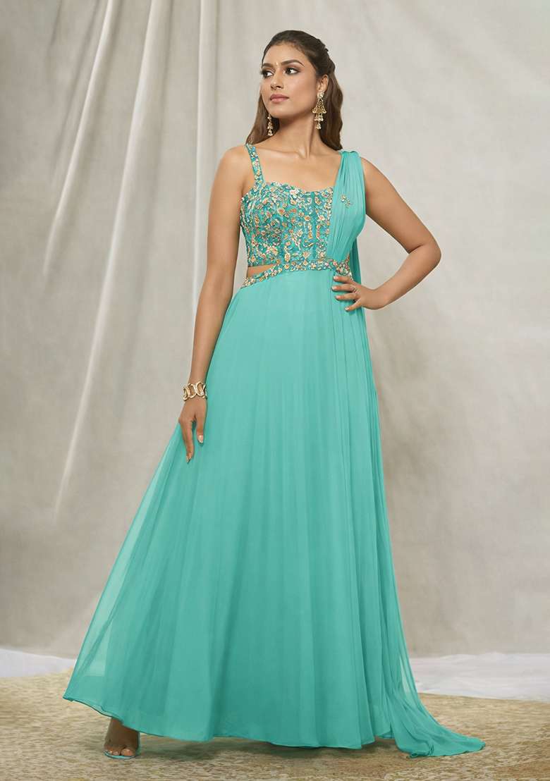 Sea Green Hand Work Georgette Lehenga Set - Indya