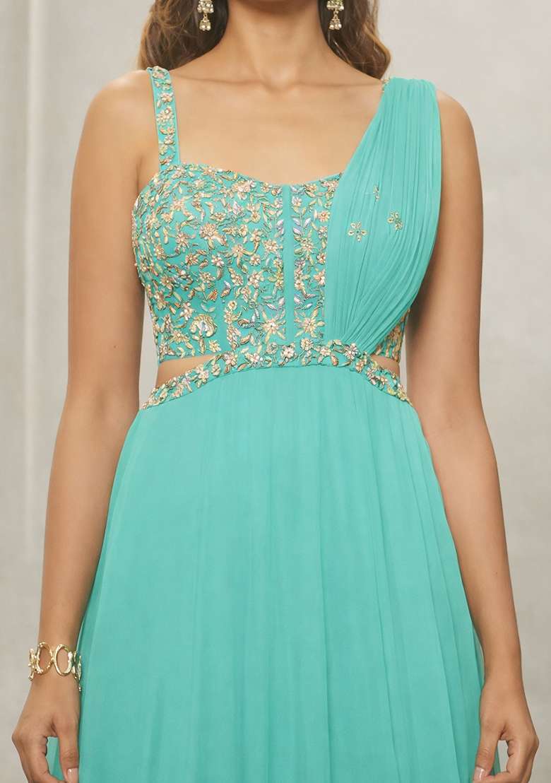 Sea Green Hand Work Georgette Lehenga Set - Indya