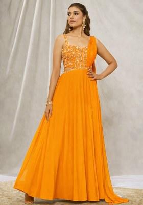 Orange Hand Work Georgette Lehenga Set
