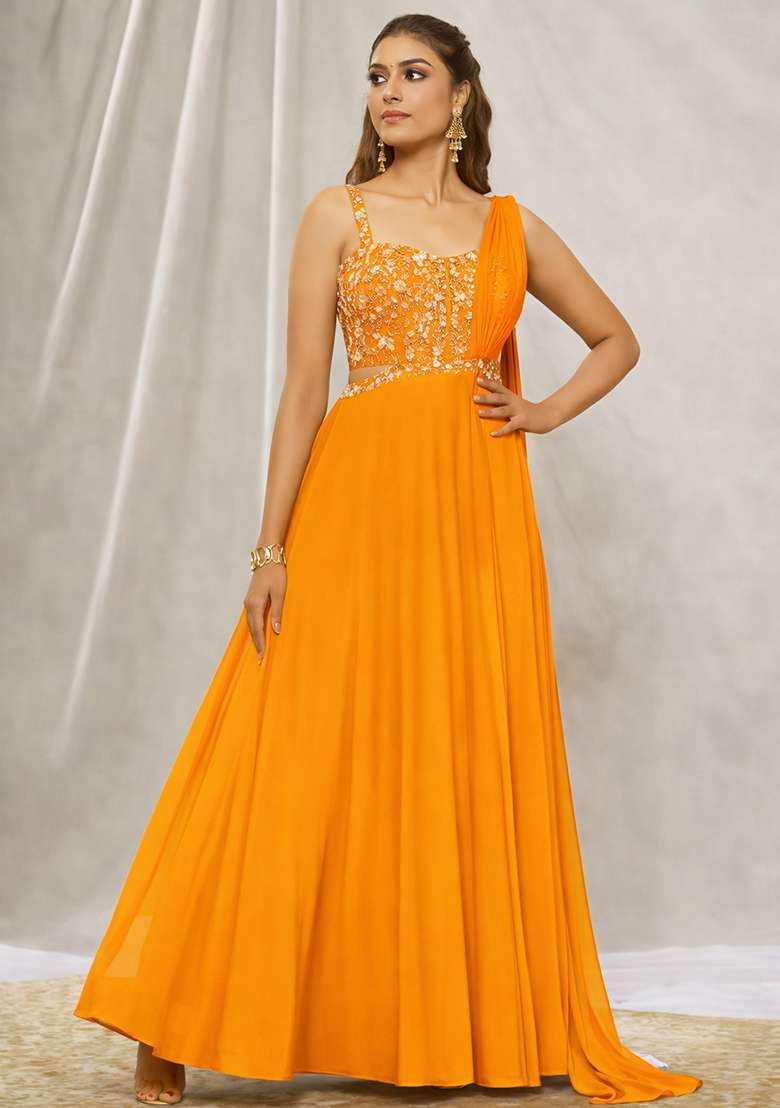 Orange Hand Work Georgette Lehenga Set - Indya