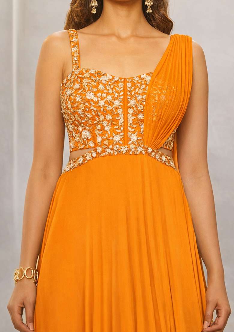 Orange Hand Work Georgette Lehenga Set - Indya