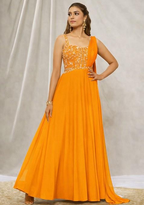 Orange Hand Work Georgette Lehenga Set
