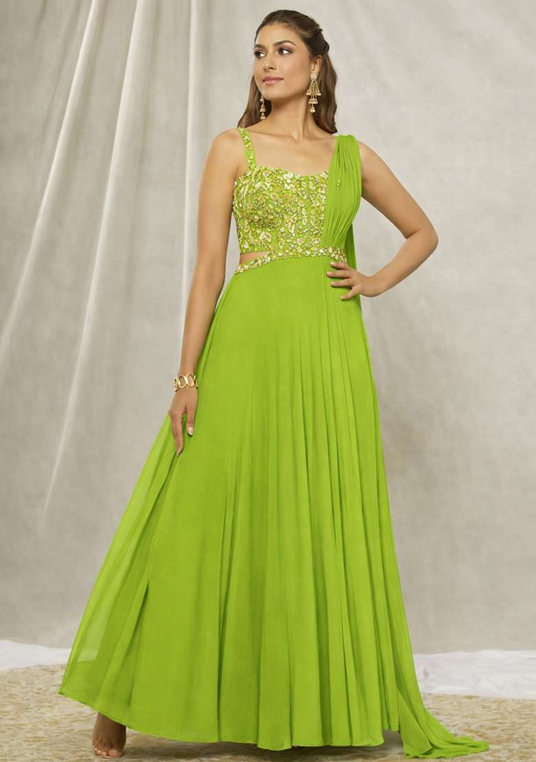 Light Green Hand Work Georgette Lehenga Set - Indya