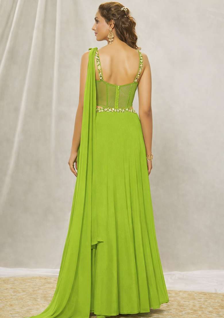 Light Green Hand Work Georgette Lehenga Set - Indya
