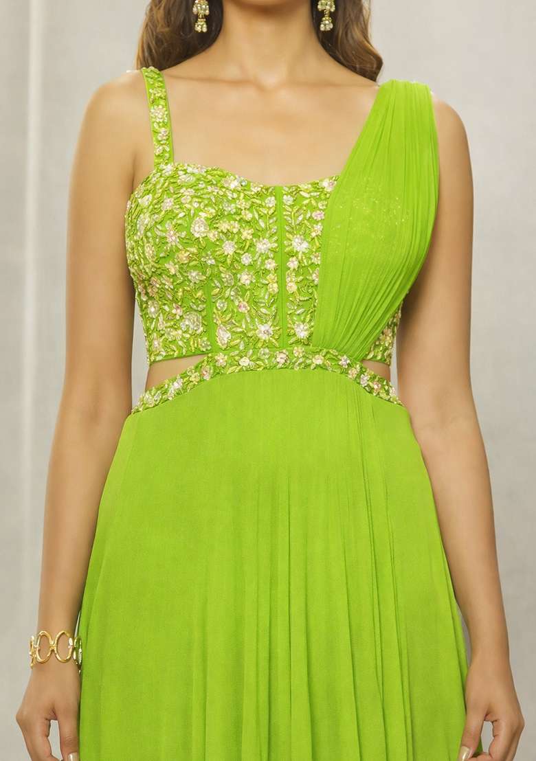 Light Green Hand Work Georgette Lehenga Set - Indya