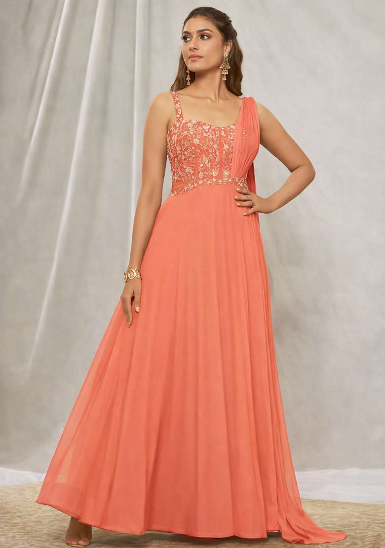 Peach Hand Work Georgette Lehenga Set - Indya