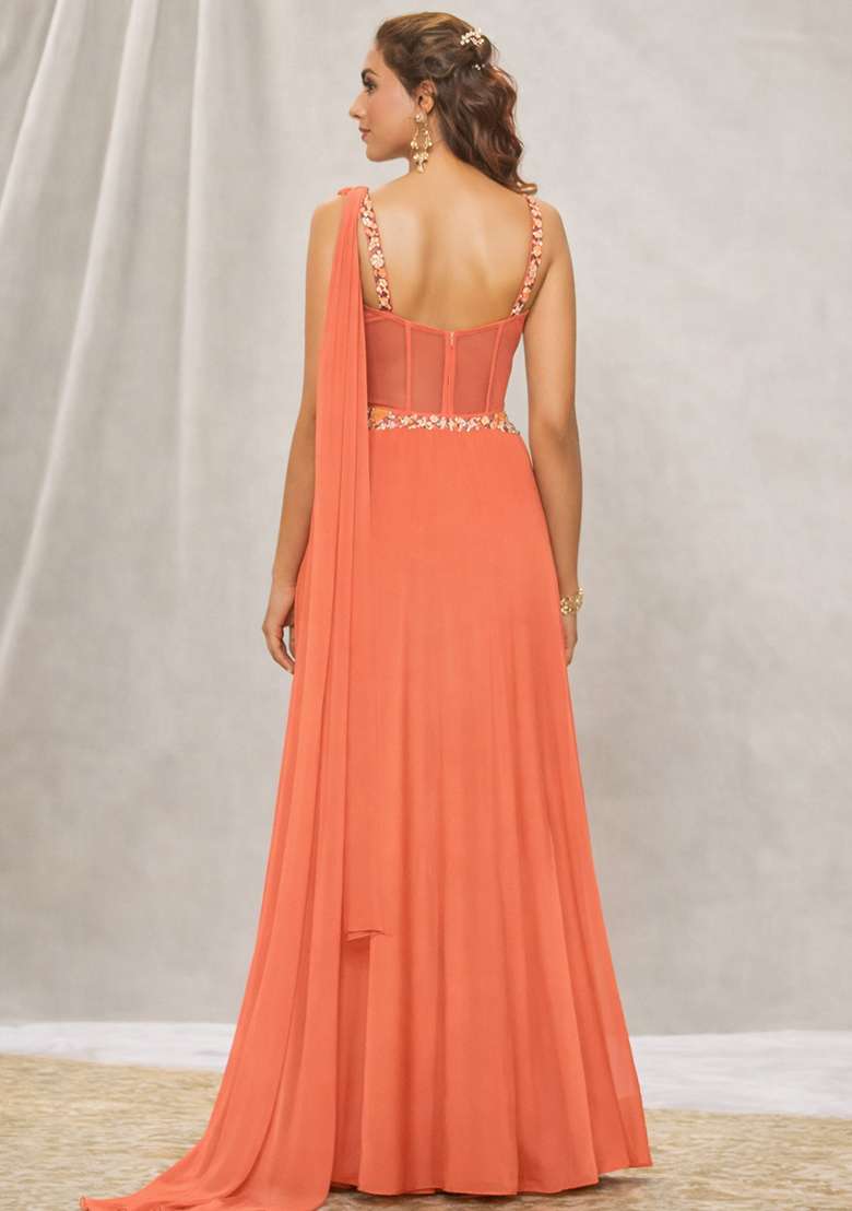 Peach Hand Work Georgette Lehenga Set - Indya
