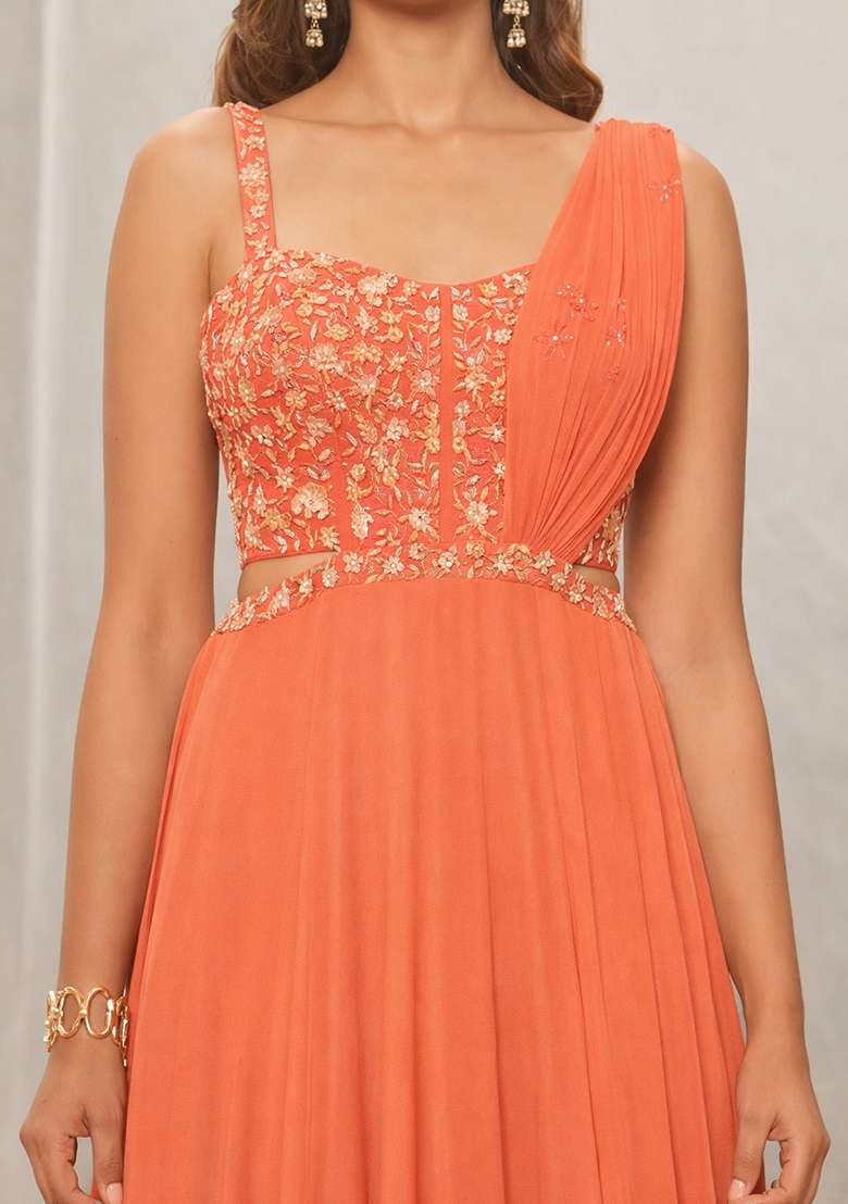 Peach Hand Work Georgette Lehenga Set - Indya