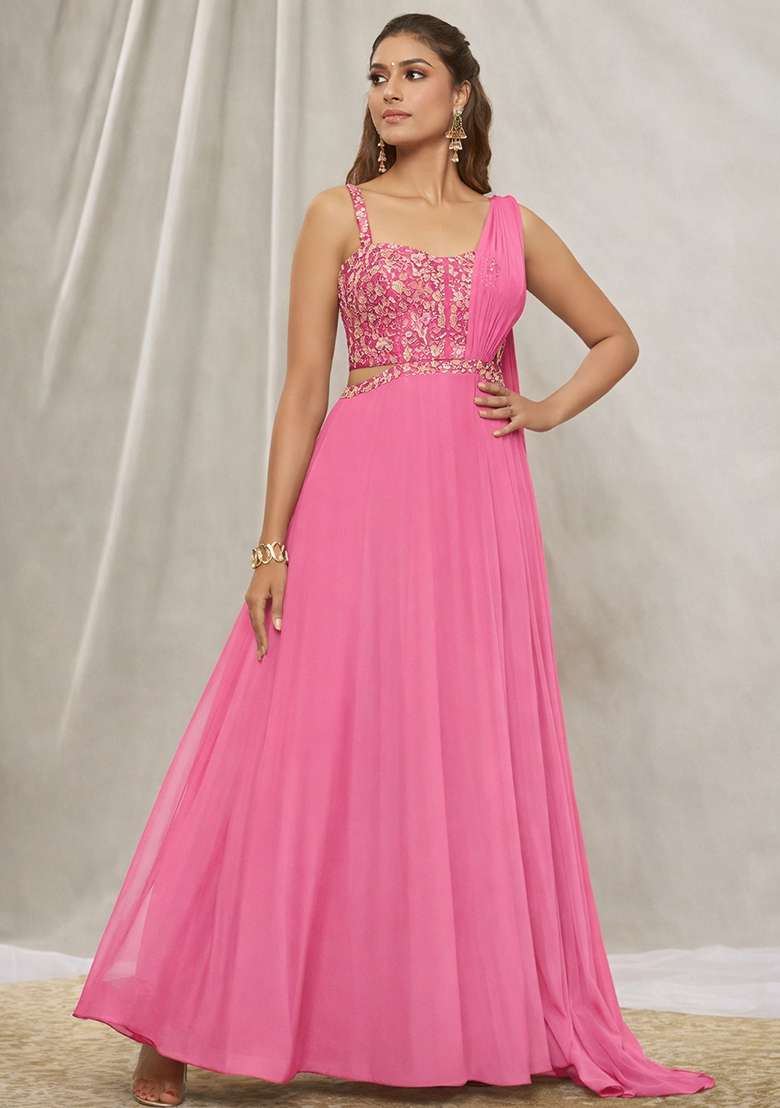 Pink Hand Work Georgette Lehenga Set - Indya