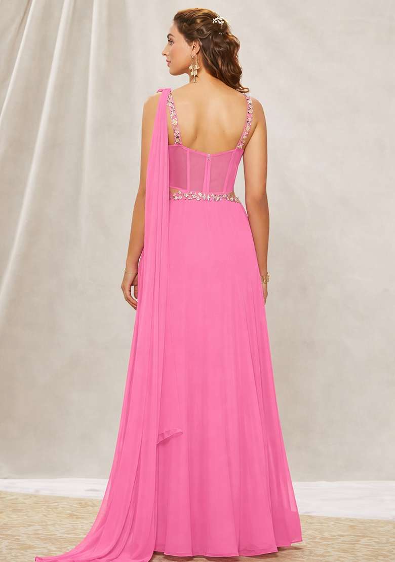 Pink Hand Work Georgette Lehenga Set - Indya