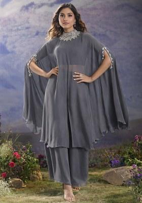 Charcoal Grey Hand Work Georgette Fusion Set