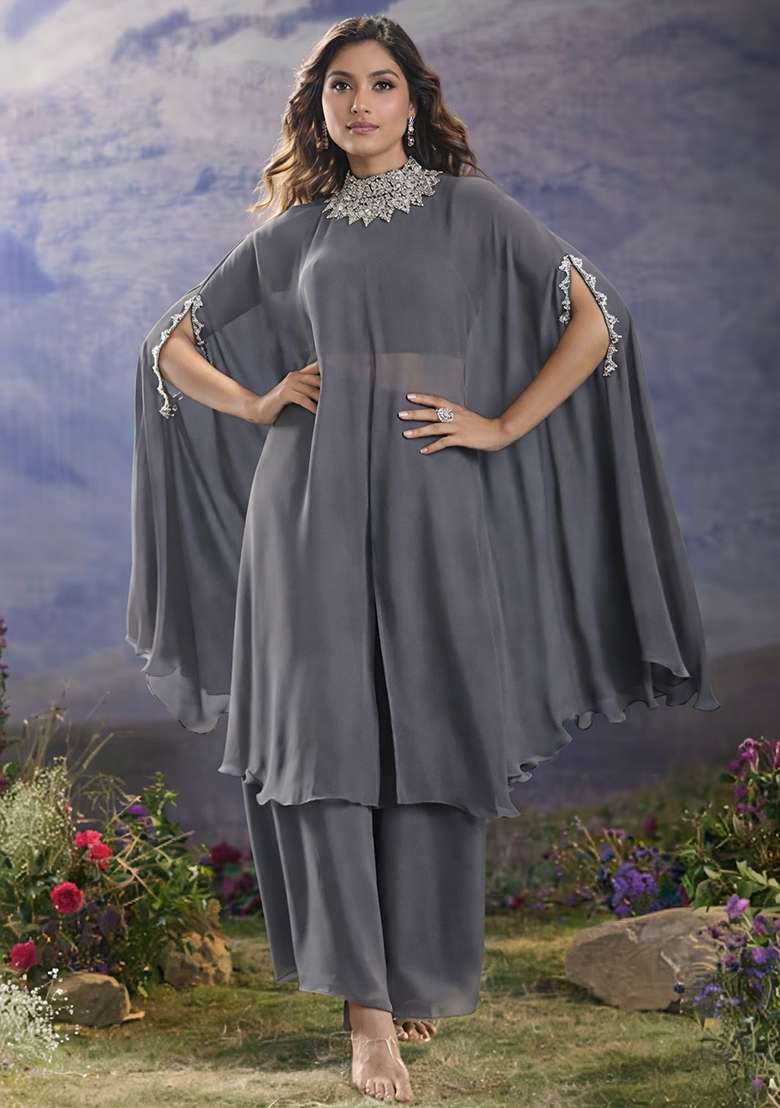 Charcoal Grey Hand Work Georgette Fusion Set - Indya