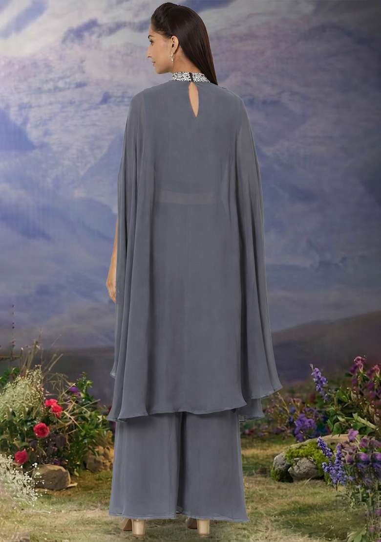 Charcoal Grey Hand Work Georgette Fusion Set - Indya