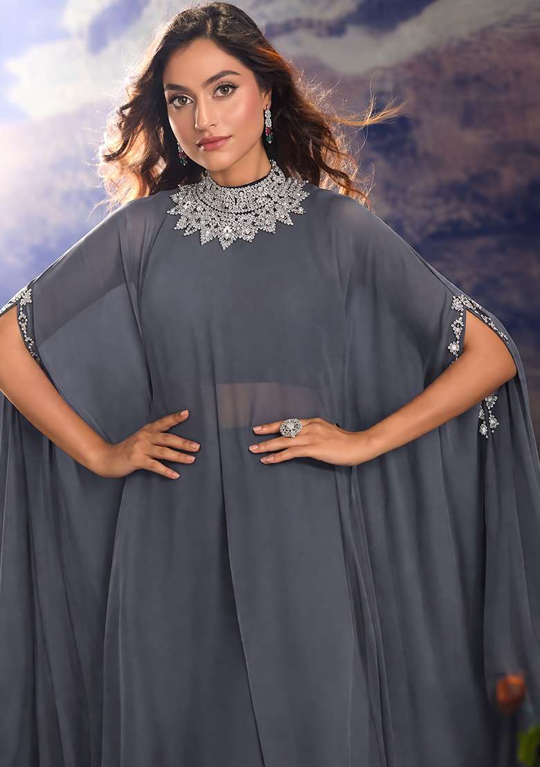 Charcoal Grey Hand Work Georgette Fusion Set - Indya