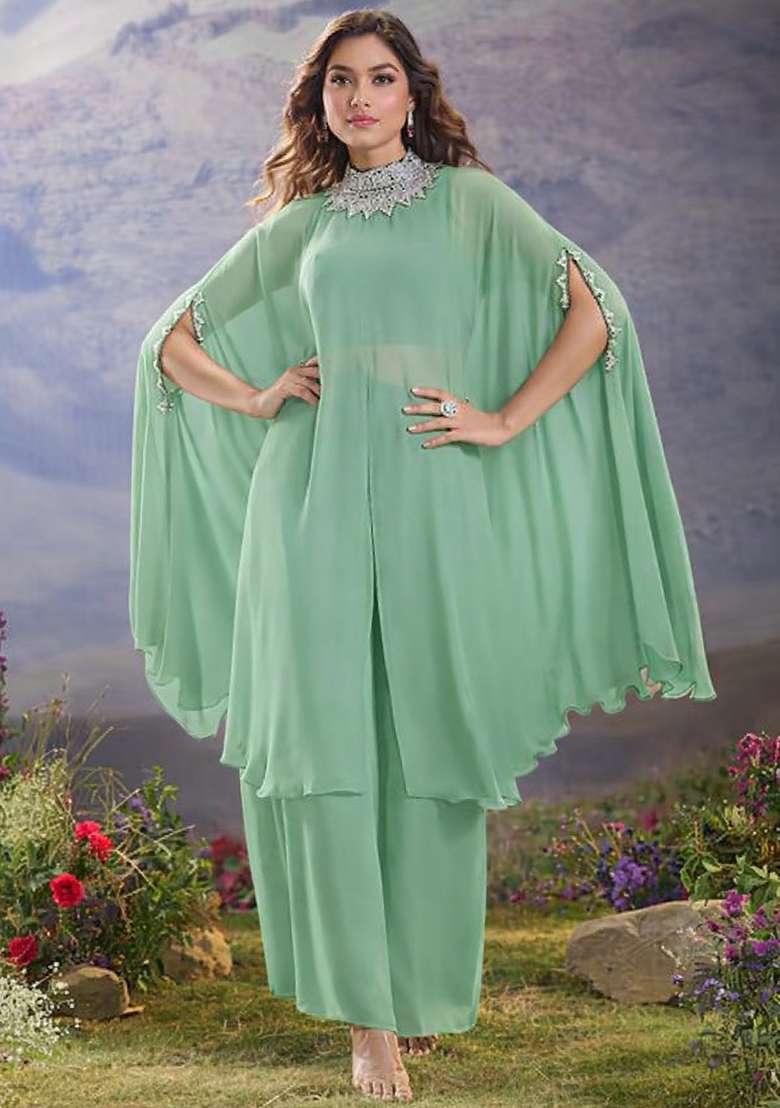 Mint Green Hand Work Georgette Fusion Set - Indya
