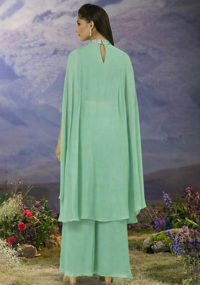 Mint Green Hand Work Georgette Fusion Set - Indya