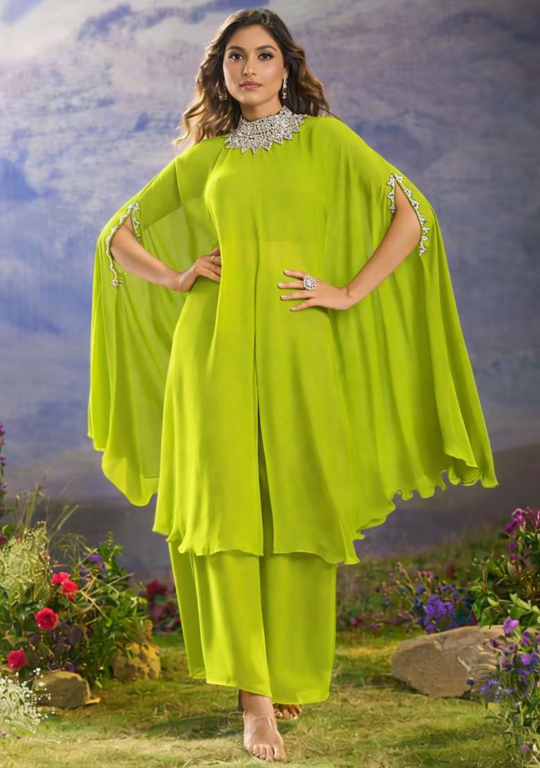 Lime Green Hand Work Georgette Fusion Set - Indya