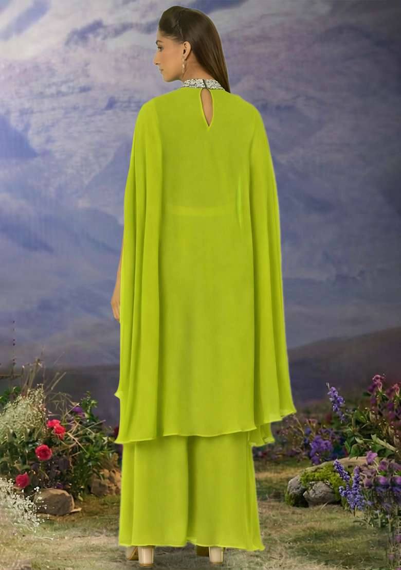 Lime Green Hand Work Georgette Fusion Set - Indya