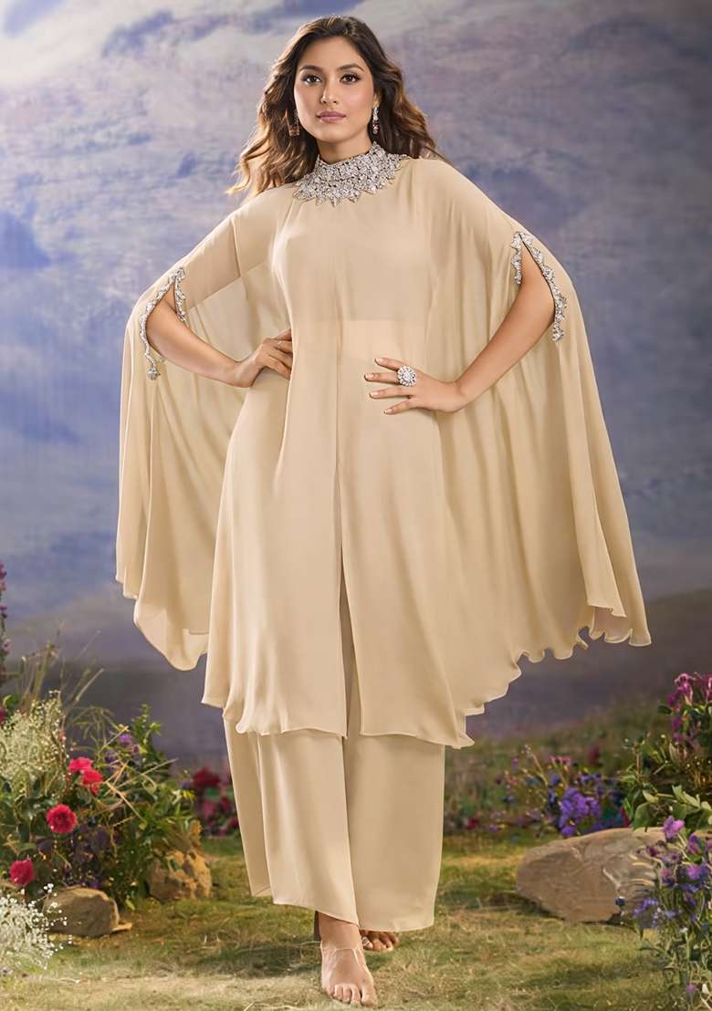 Champagne Beige Hand Work Georgette Fusion Set - Indya