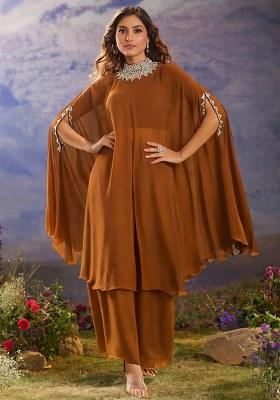 Brown Hand Work Georgette Fusion Set