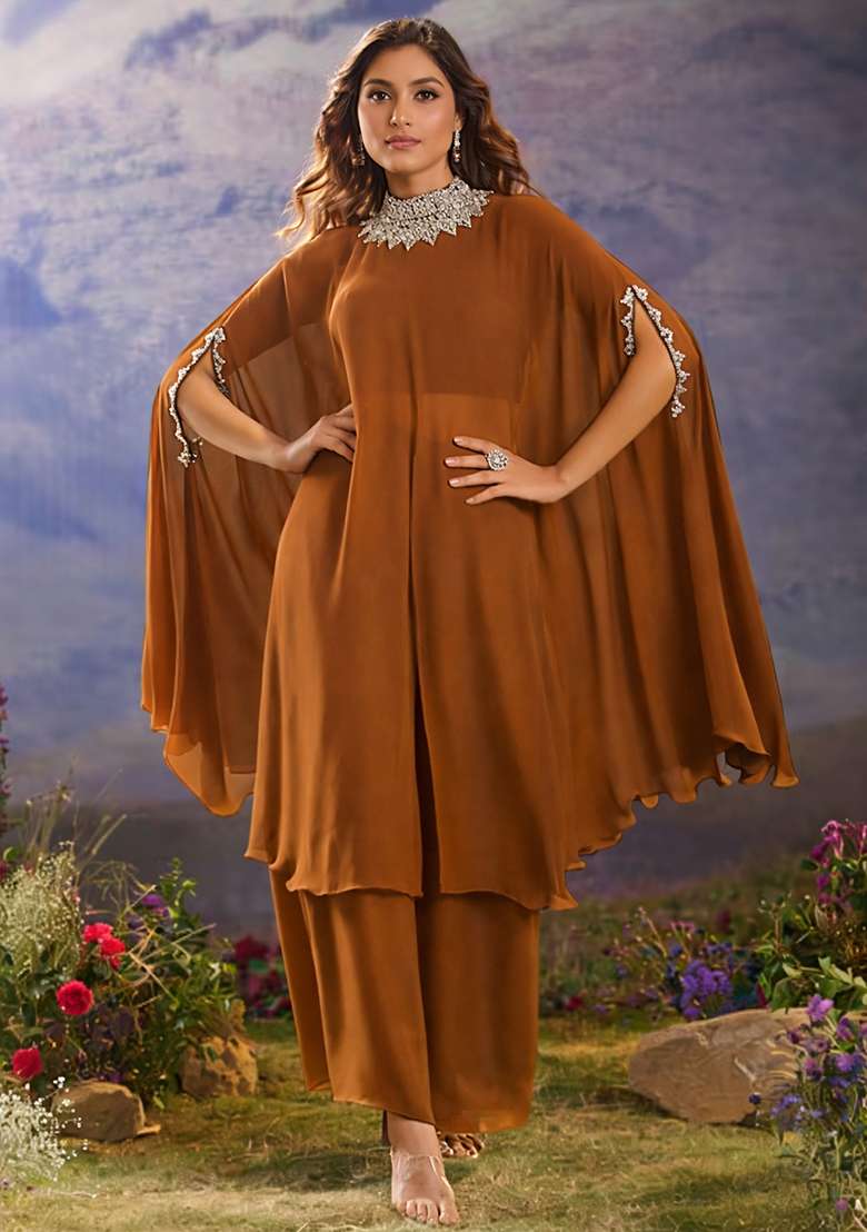 Brown Hand Work Georgette Fusion Set - Indya