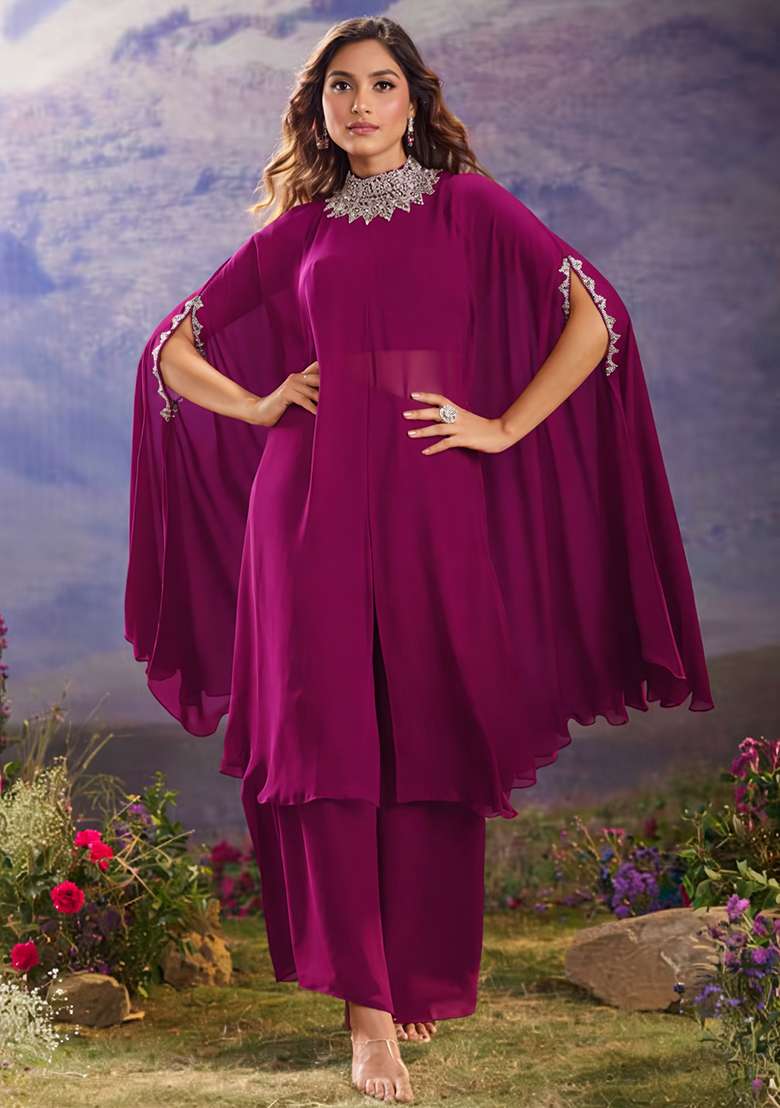 Purple Hand Work Georgette Fusion Set - Indya