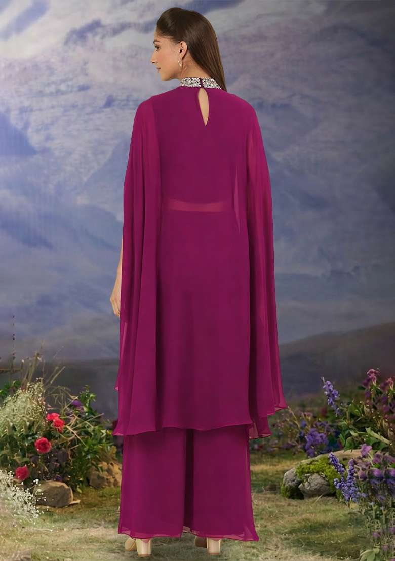 Purple Hand Work Georgette Fusion Set - Indya