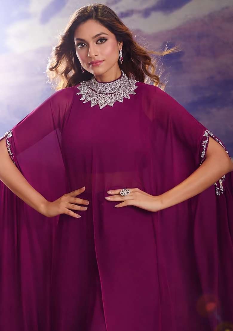 Purple Hand Work Georgette Fusion Set - Indya