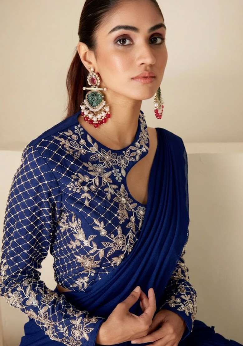 Navy Blue Hand Work Georgette Fusion Set - Indya