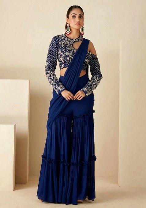 Navy Blue Hand Work Georgette Fusion Set