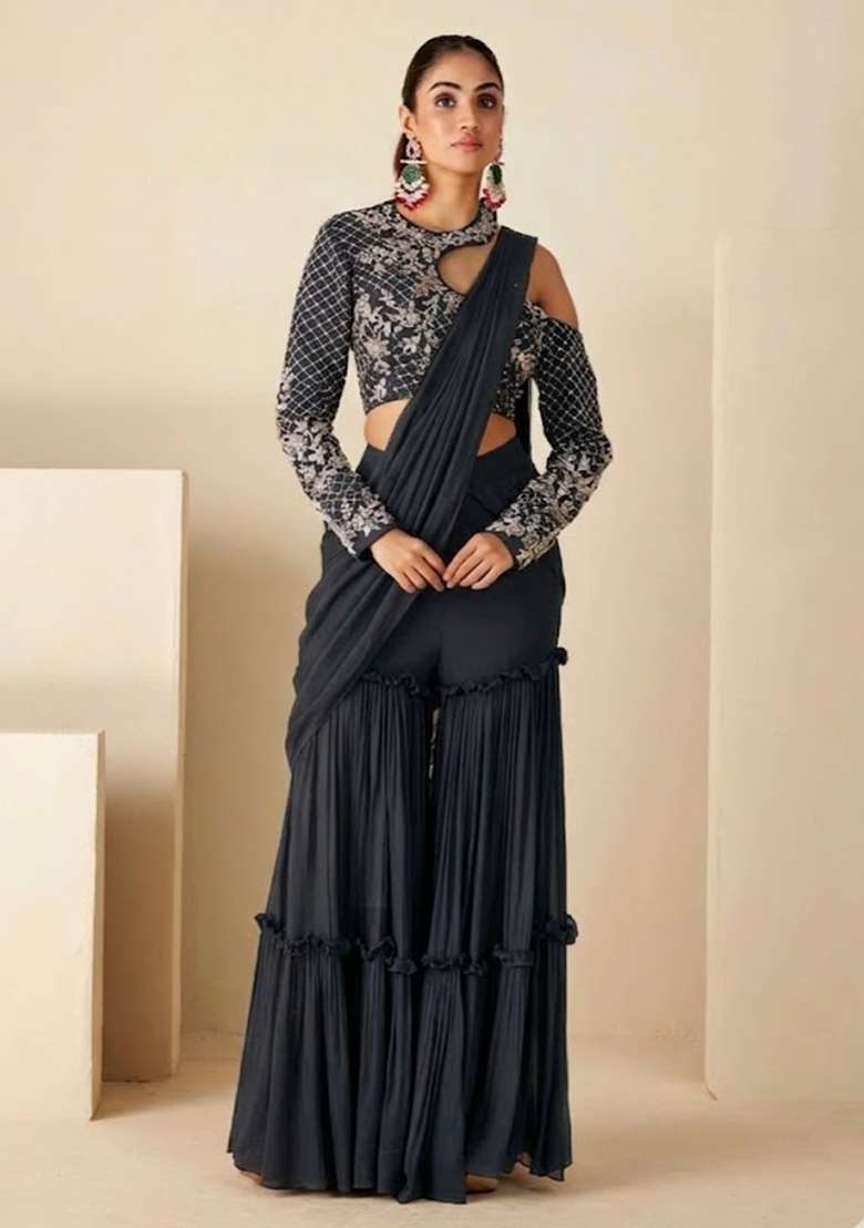 Grey Hand Work Georgette Fusion Set - Indya