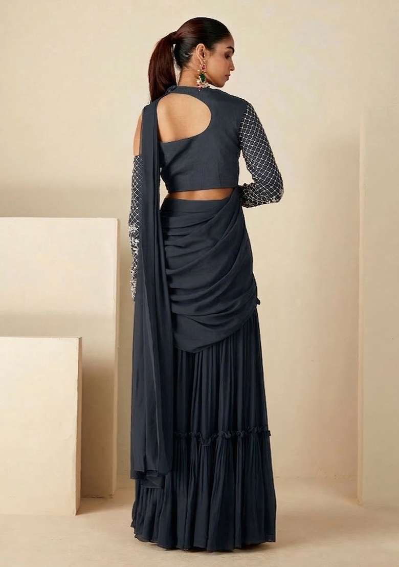 Grey Hand Work Georgette Fusion Set - Indya