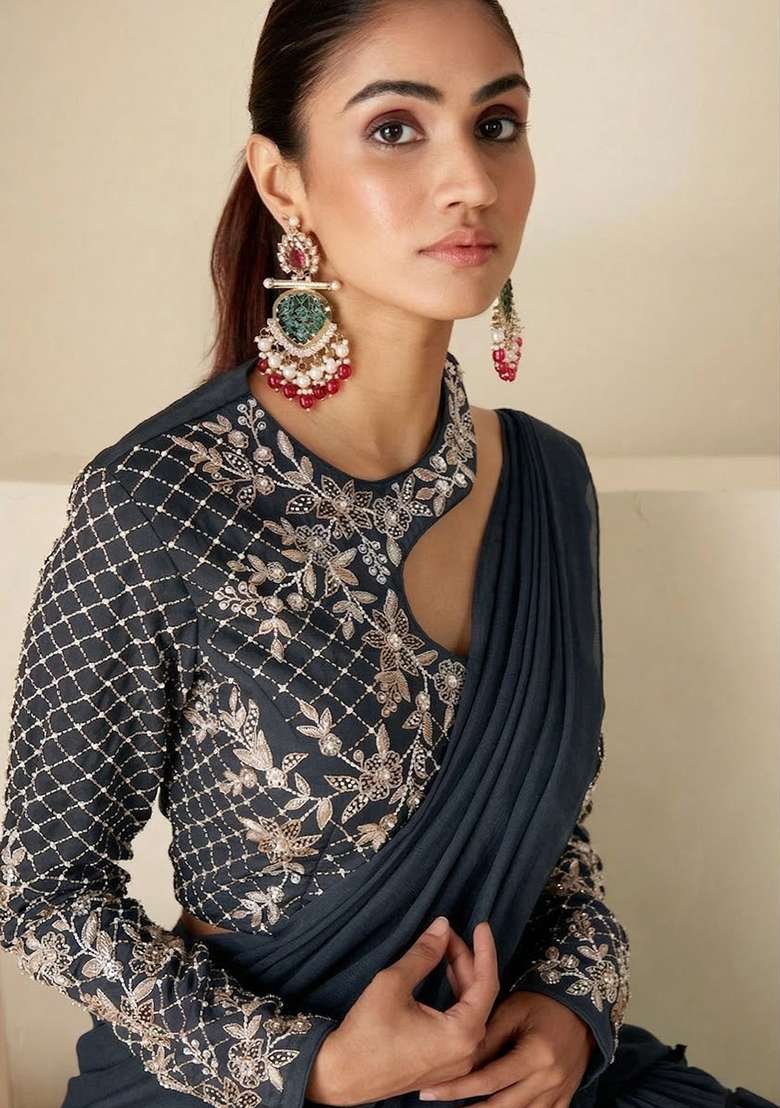 Grey Hand Work Georgette Fusion Set - Indya