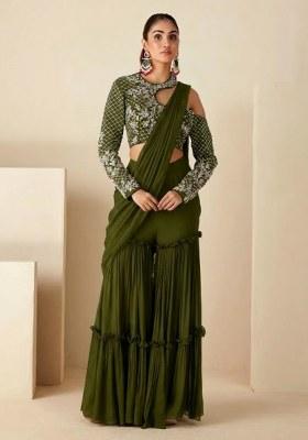 Olive Green Hand Work Georgette Fusion Set