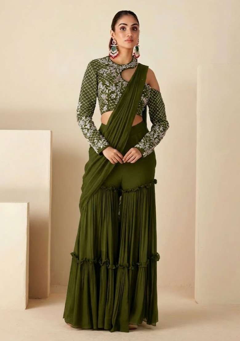 Olive Green Hand Work Georgette Fusion Set - Indya