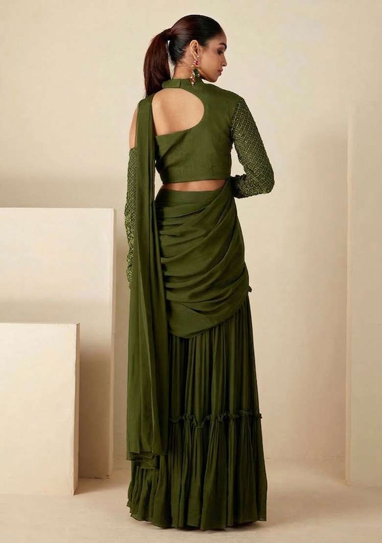 Olive Green Hand Work Georgette Fusion Set - Indya